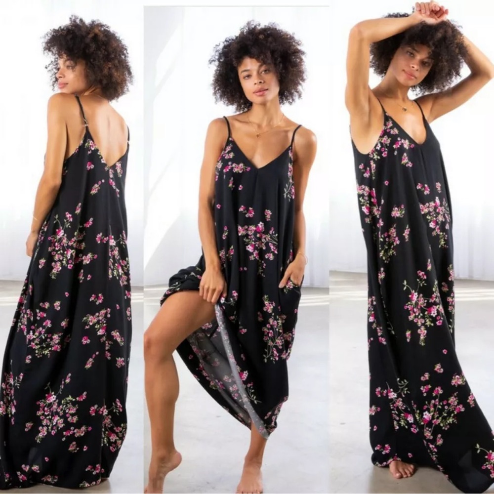 Love Stitch Black Floral Print Maxi Dress